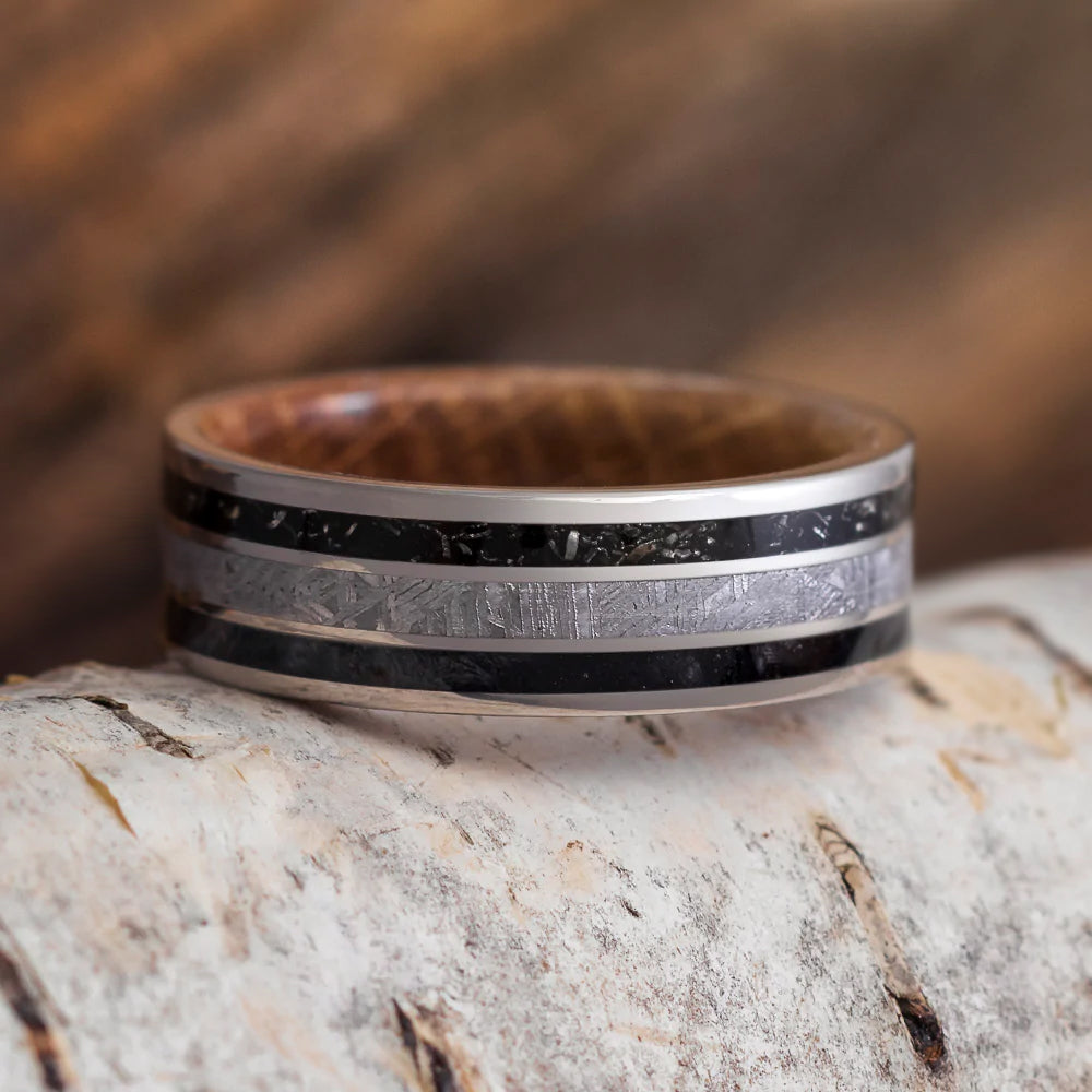 Meteorite & Stardust Ring With Whiskey Oak Wood Sleeve - Jewelry by Johan