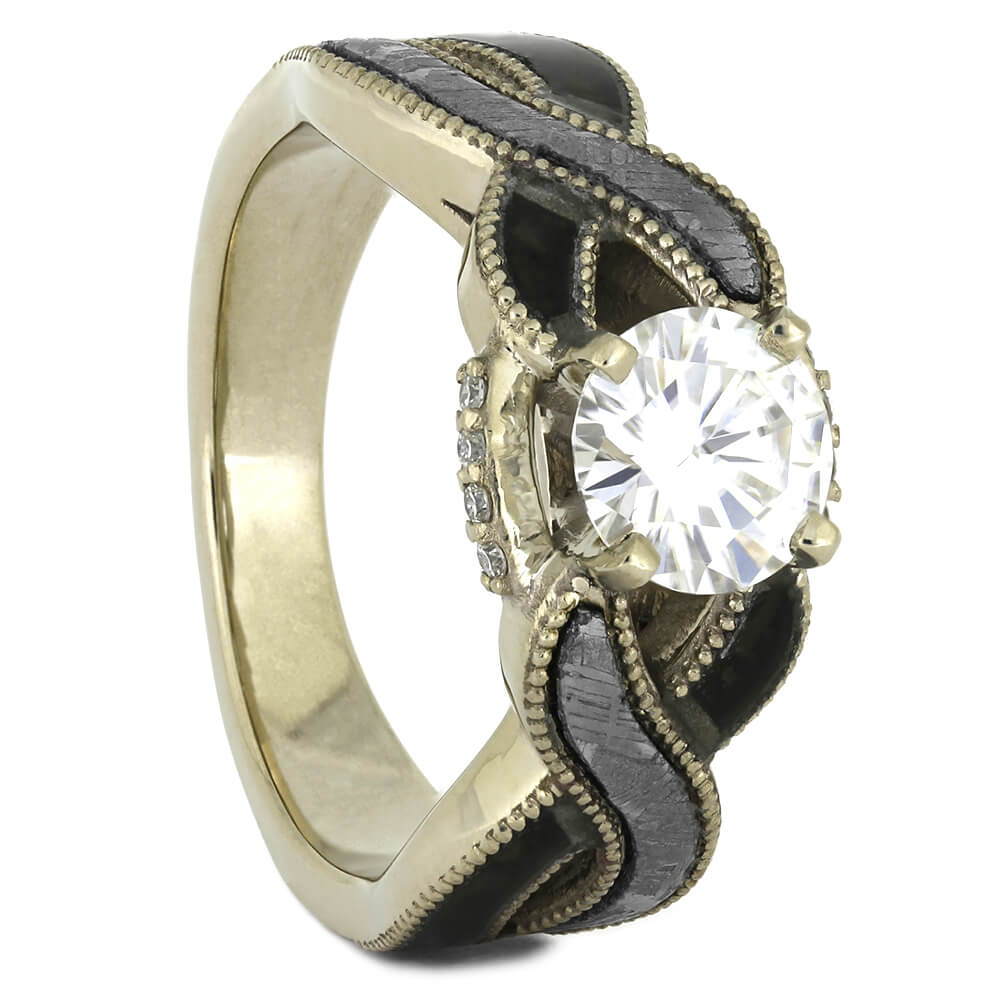 Meteorite and Dinosaur Bone Engagement Ring in White Gold-4284 - Jewelry by Johan