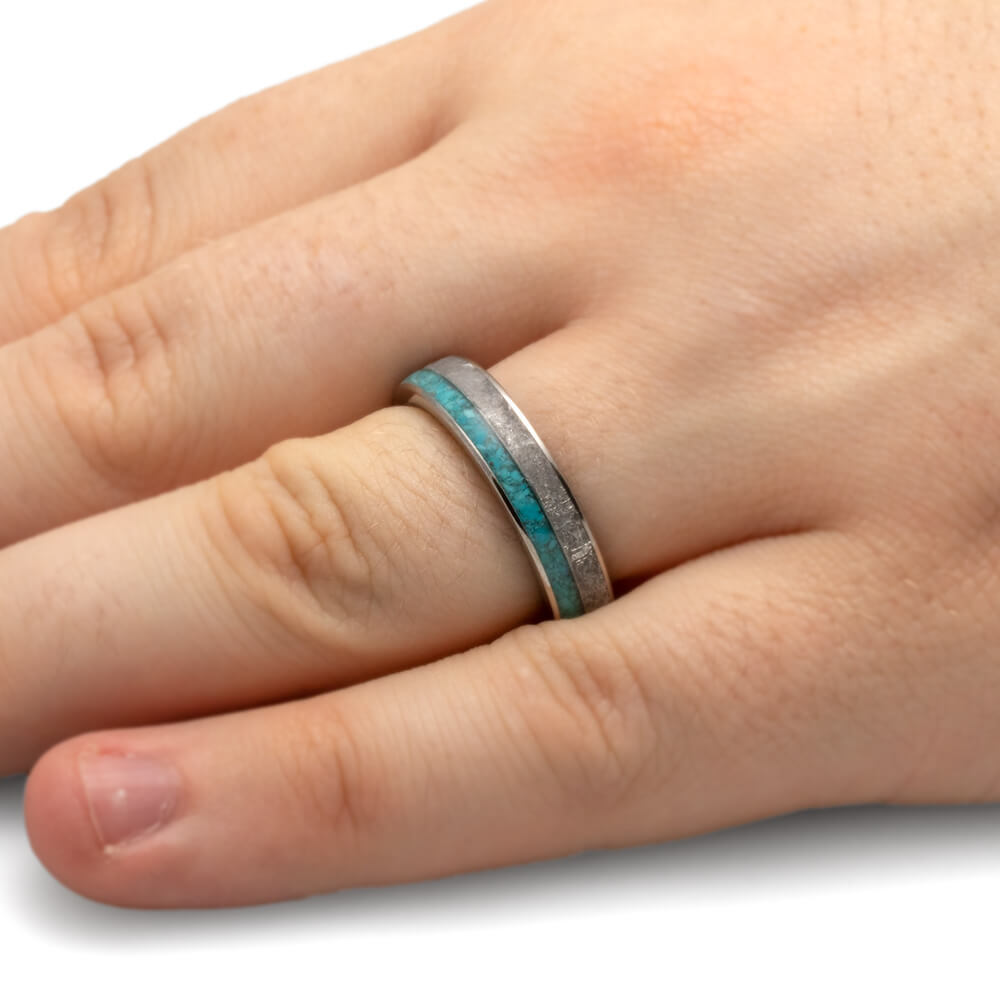 Turquoise Wedding Band With Meteorite And Ironwood Sleeve-4528 - Jewelry by Johan