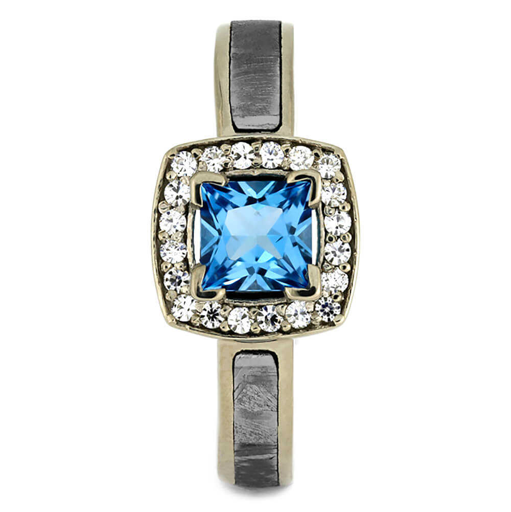 Blue Topaz Halo Engagement Ring with Meteorite and Moissanite Accent Stones-4296 - Jewelry by Johan