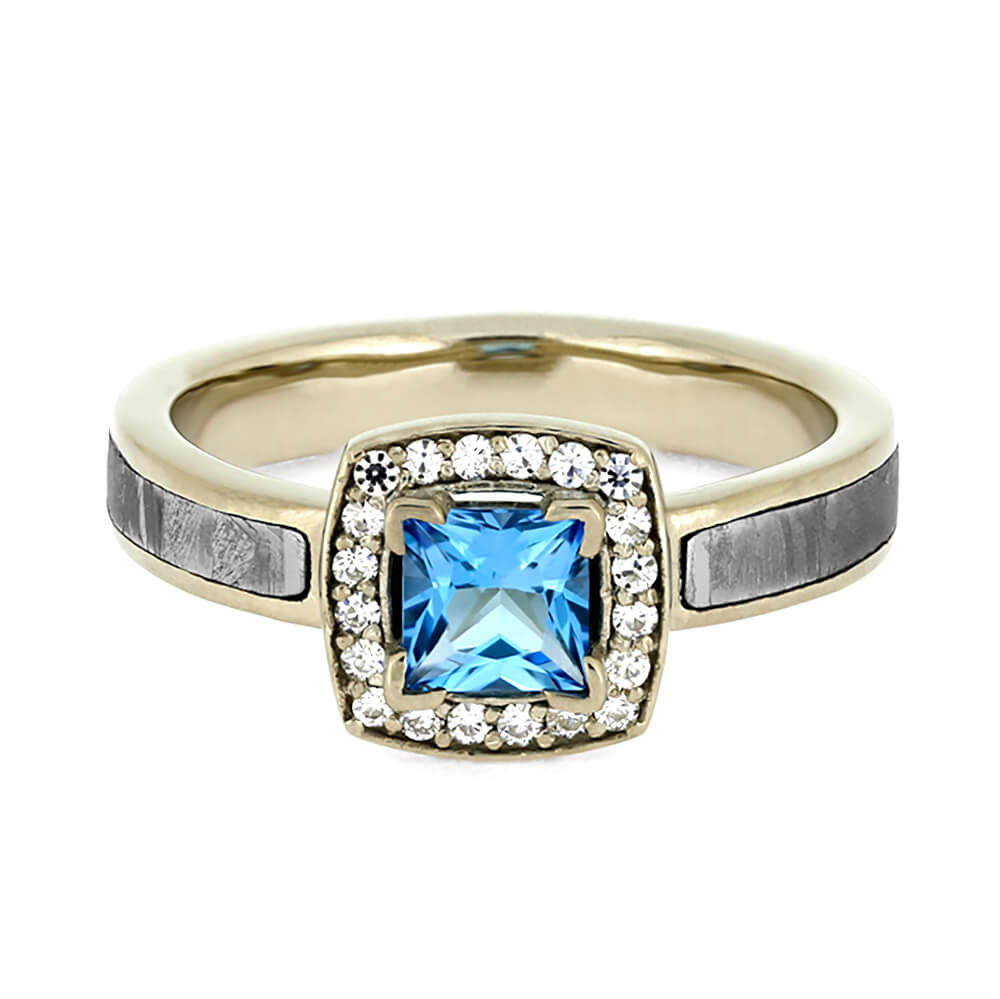Blue Topaz Halo Engagement Ring with Meteorite and Moissanite Accent Stones-4296 - Jewelry by Johan
