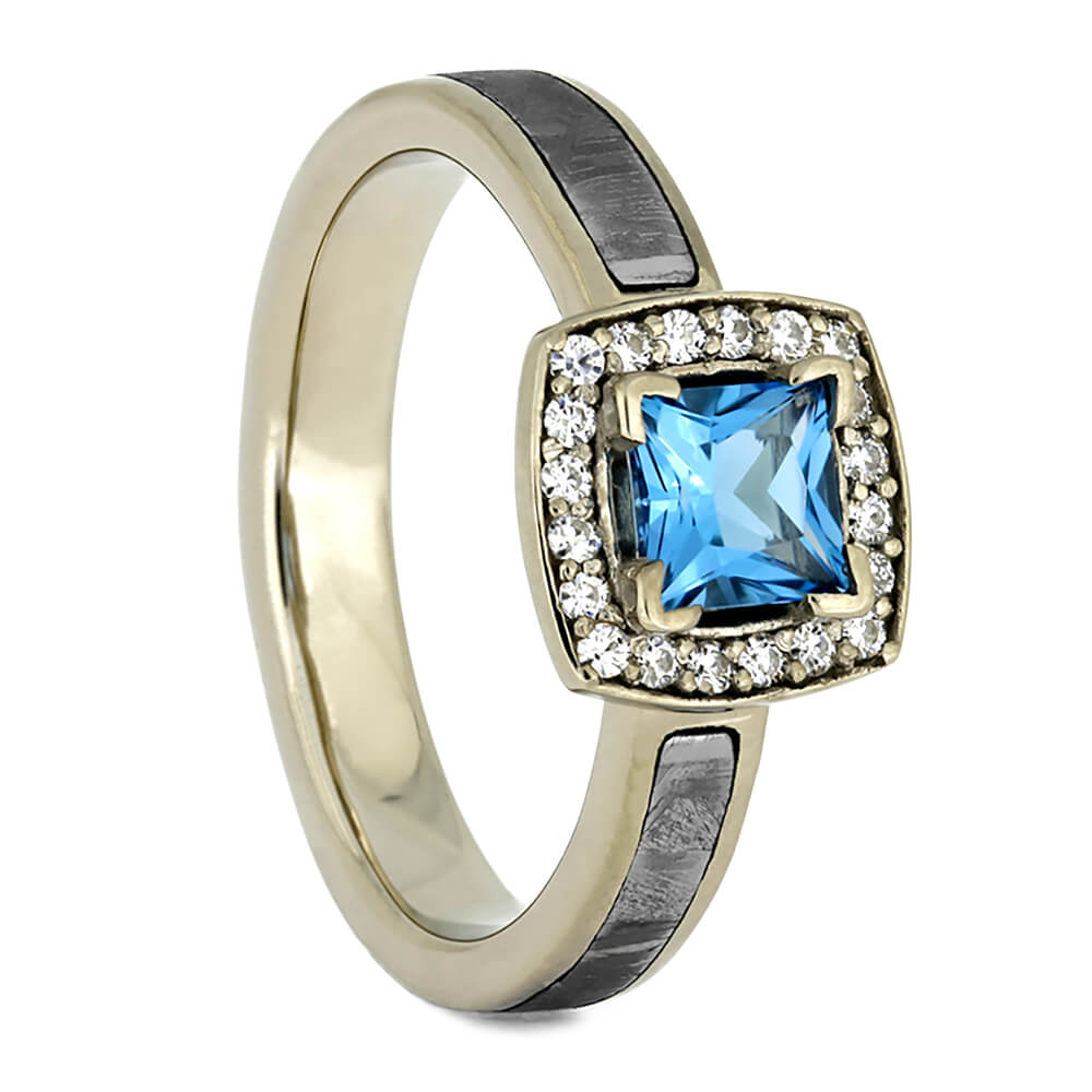 Blue Topaz Halo Engagement Ring with Meteorite and Moissanite Accent Stones-4296 - Jewelry by Johan