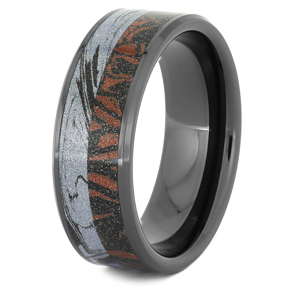 Black Ceramic Wedding Band with Red and Black Mokume-4301 - Jewelry by Johan