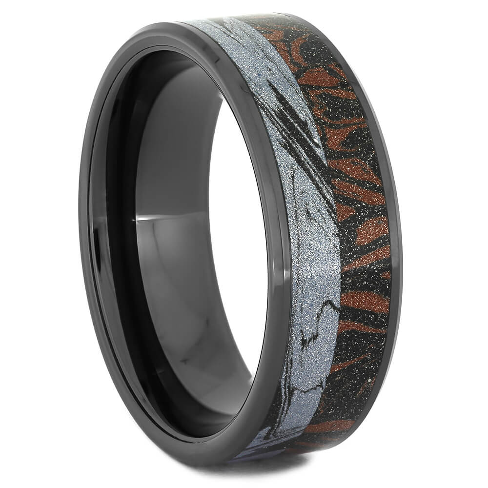 Black Ceramic Wedding Band with Red and Black Mokume-4301 - Jewelry by Johan