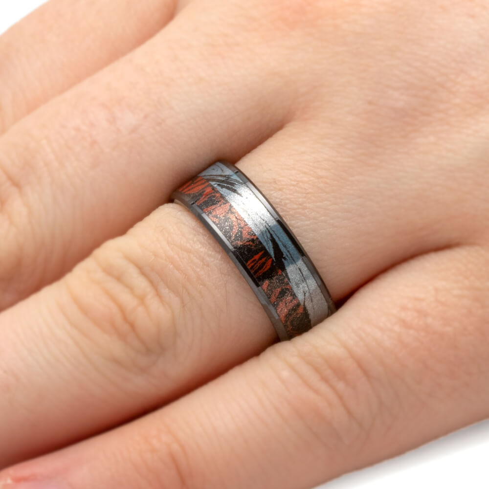 Black Ceramic Wedding Band with Red and Black Mokume-4301 - Jewelry by Johan