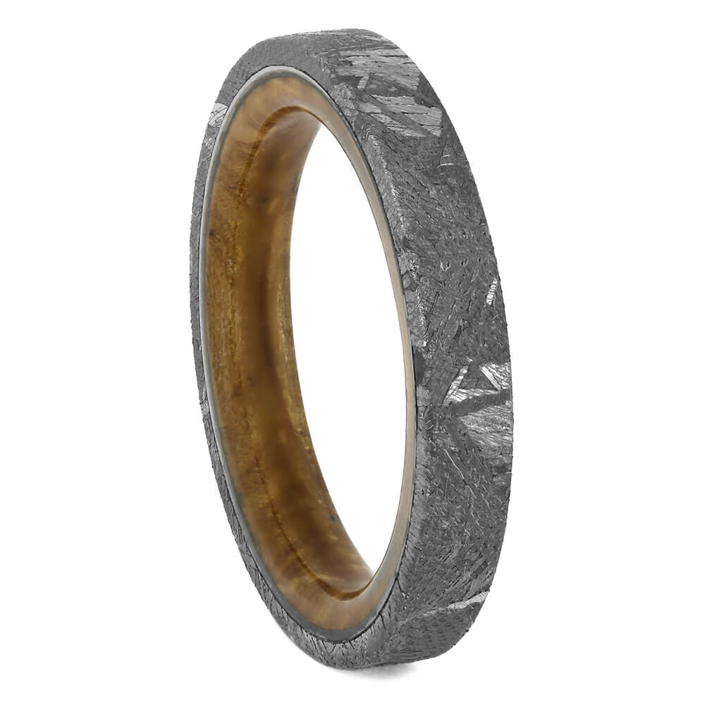 Thin Meteorite Women's Wedding Band With Whiskey Barrel Wood Sleeve-4304 - Jewelry by Johan