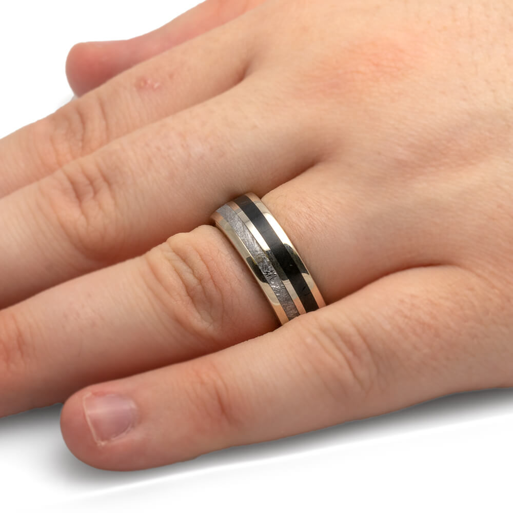 Black Jade Wedding Band With Meteorite And Mokume Gane-4311 - Jewelry by Johan