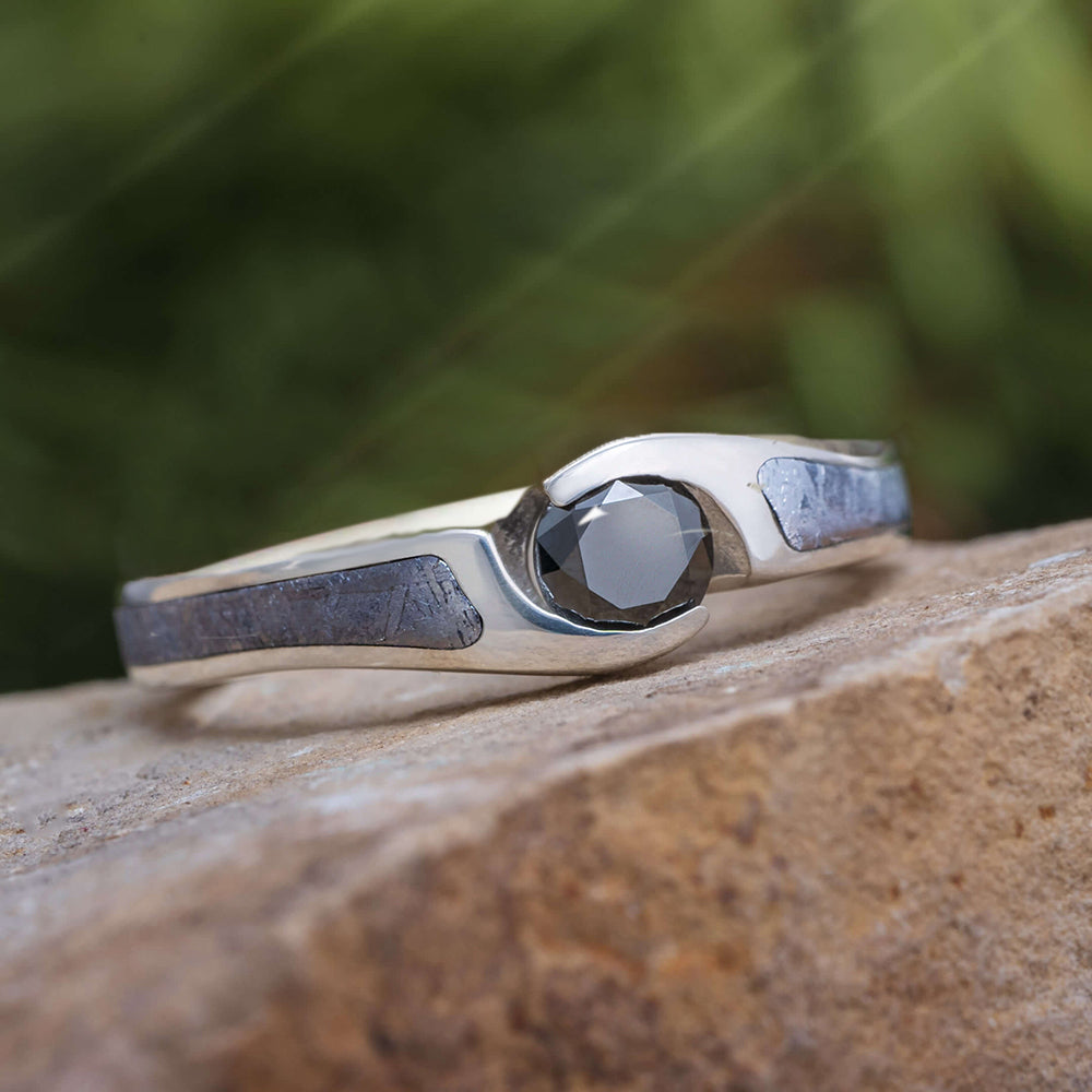 Black Diamond Engagement Ring with Meteorite