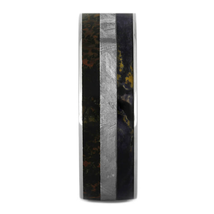 Meteorite Wedding Band with Purple Box Elder Burl Wood and Dinosaur Bone-4337 - Jewelry by Johan