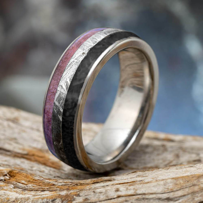 Meteorite Wedding Band with Purple Box Elder Burl Wood and Dinosaur Bone-4337 - Jewelry by Johan
