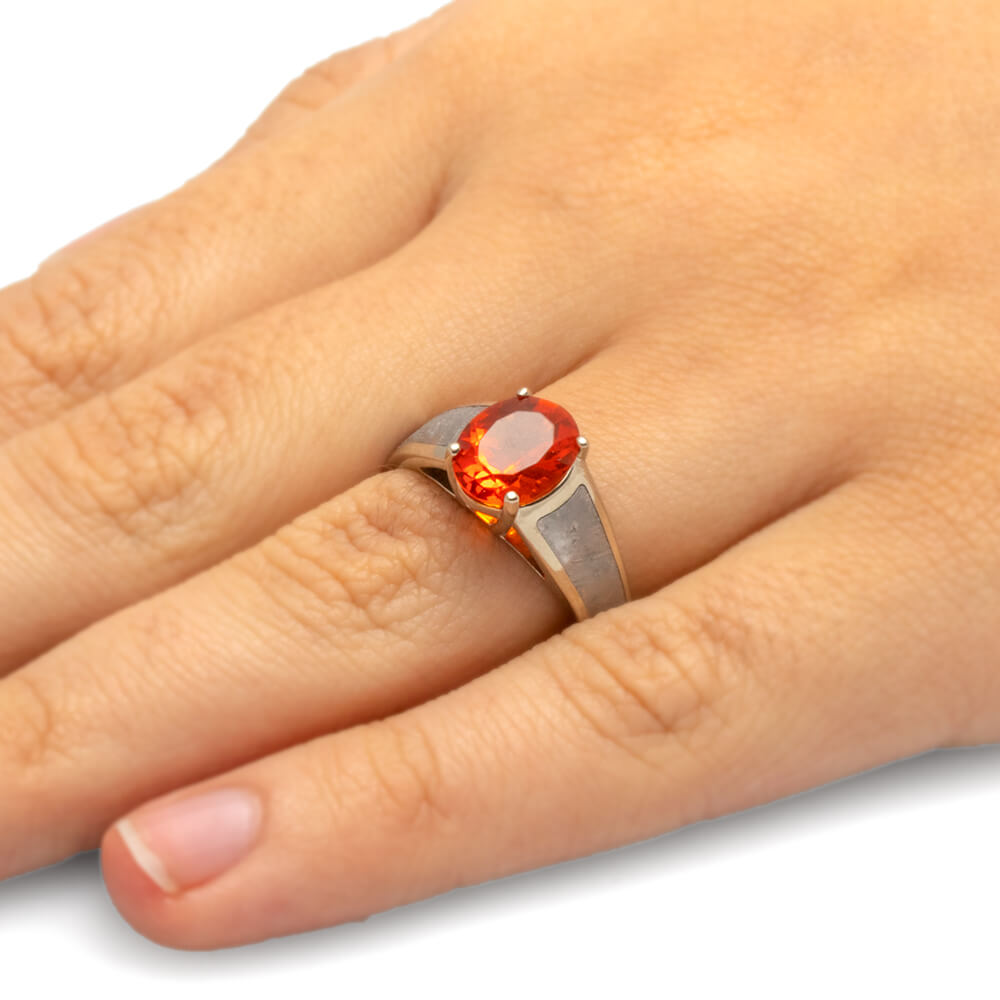 Cathedral Fire Opal Engagement Ring with Meteorite in White Gold-4338 - Jewelry by Johan