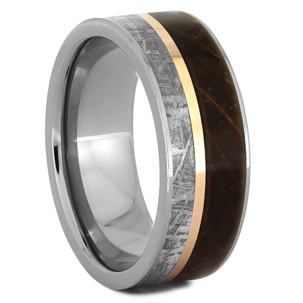 Meteorite & Wood Men's Wedding Band With Gold Pinstripe