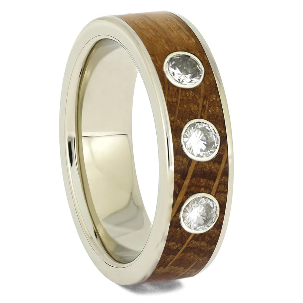 Three Stone Diamond Wedding Band with Whiskey Barrel Wood | Jewelry by ...