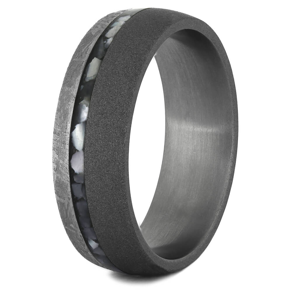Mother of Pearl Wedding Band with Gibeon Meteorite-4343 - Jewelry by Johan