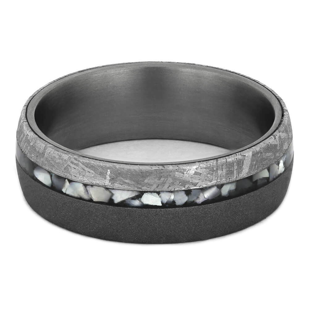 Mother of Pearl Wedding Band with Gibeon Meteorite-4343 - Jewelry by Johan