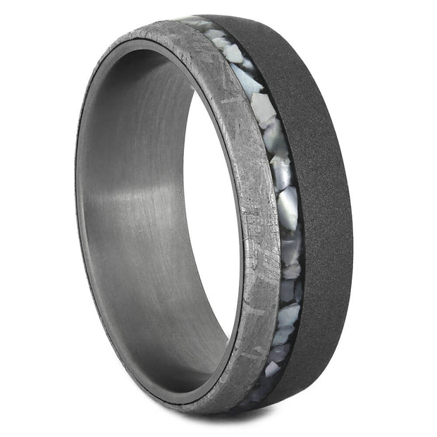 Mother of Pearl Wedding Band with Gibeon Meteorite-4343 - Jewelry by Johan