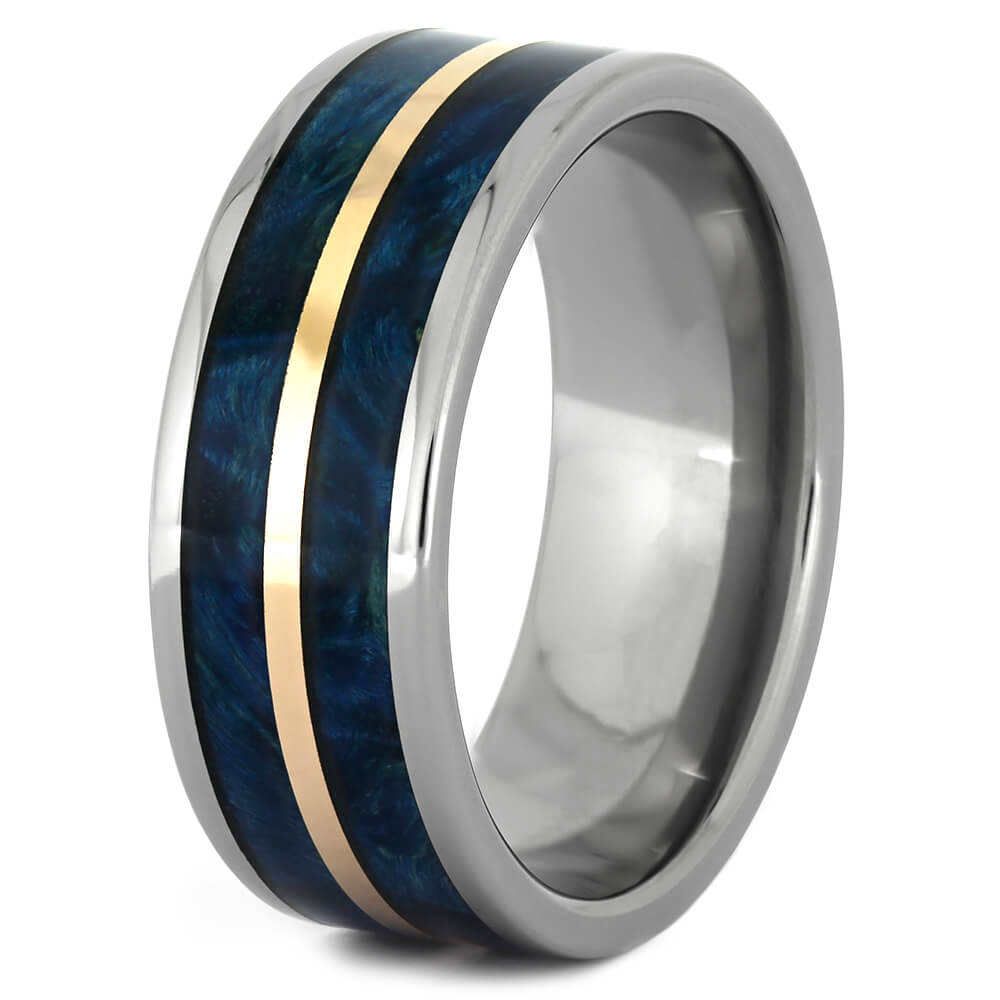 Blue Box Elder Burl Wood Wedding Band in Titanium with Copper Pinstripe-4353 - Jewelry by Johan