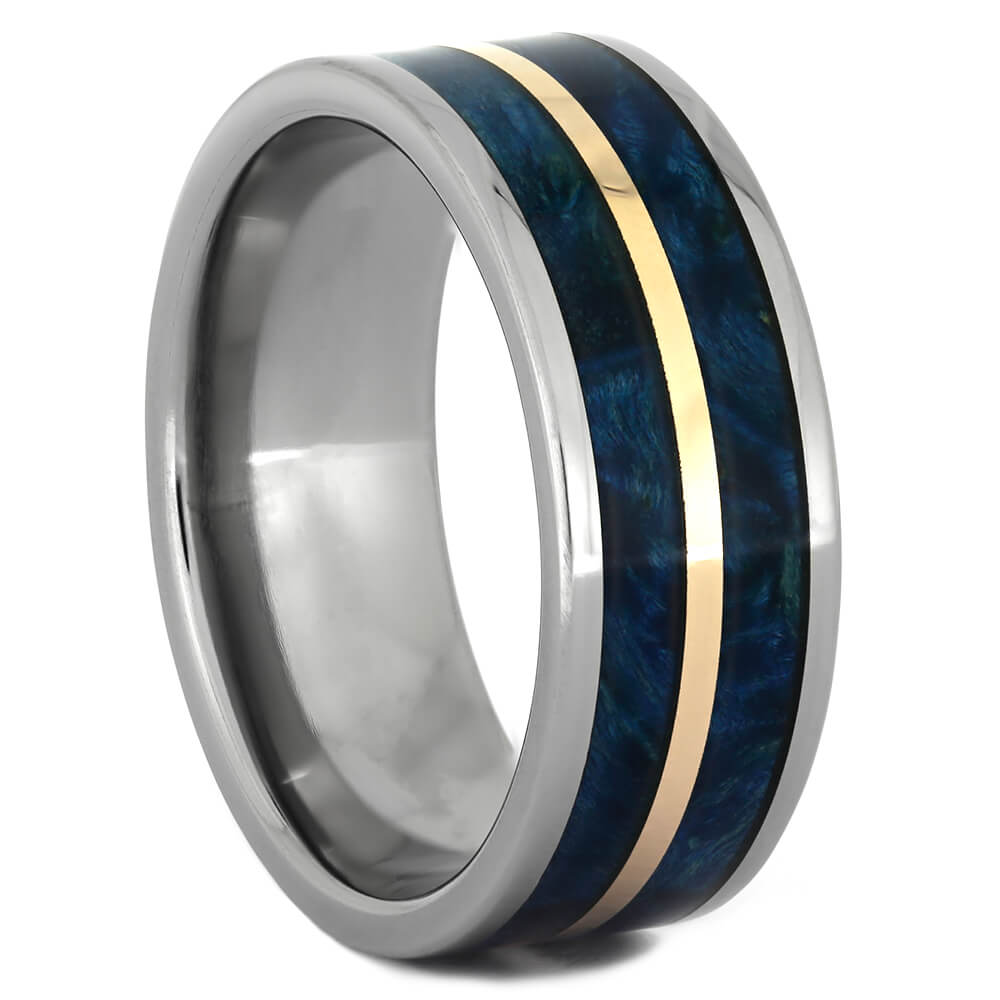 Blue Box Elder Burl Wood Wedding Band in Titanium with Copper Pinstripe-4353 - Jewelry by Johan