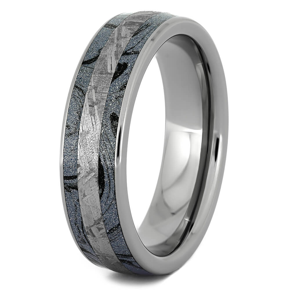 Blue Wedding Band with Gibeon Meteorite and Mokume-4358 - Jewelry by Johan