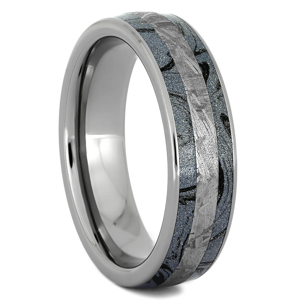 Blue Wedding Band with Gibeon Meteorite and Mokume-4358 - Jewelry by Johan
