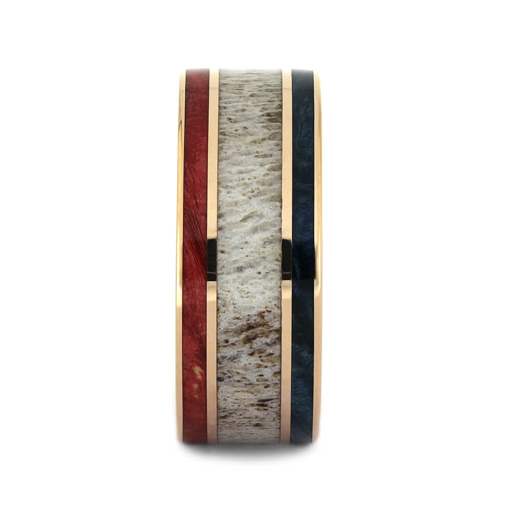 Red & Blue Box Elder Wood Wedding Band with Deer Antler and Rose Gold-4360 - Jewelry by Johan