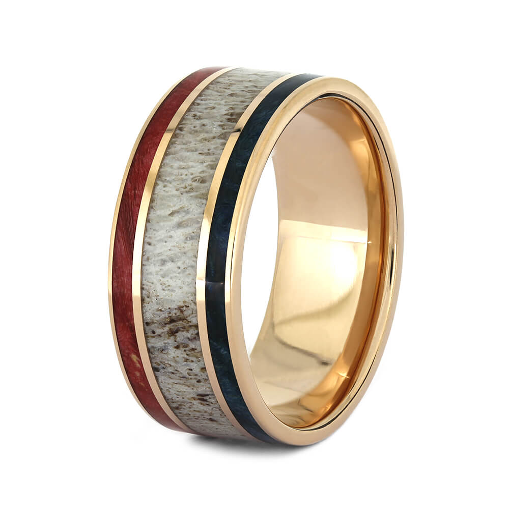 Red & Blue Box Elder Wood Wedding Band with Deer Antler and Rose Gold-4360 - Jewelry by Johan