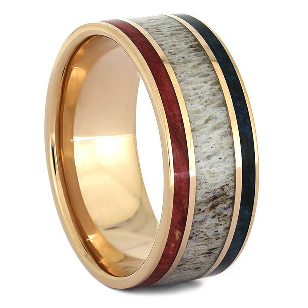 Red & Blue Box Elder Wood Wedding Band with Deer Antler and Rose Gold-4360 - Jewelry by Johan