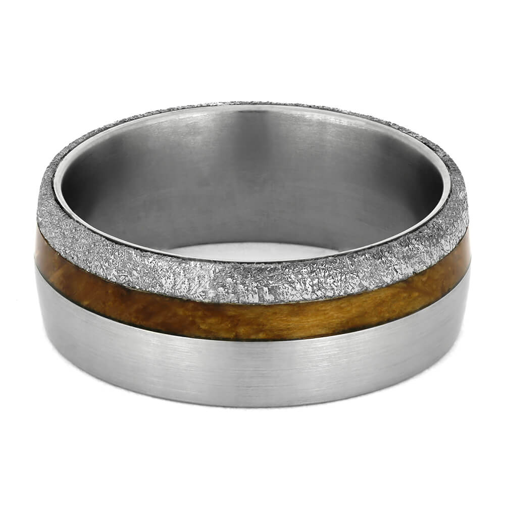 Whiskey Barrel Wood Wedding Band with Gibeon Meteorite-4367 - Jewelry by Johan