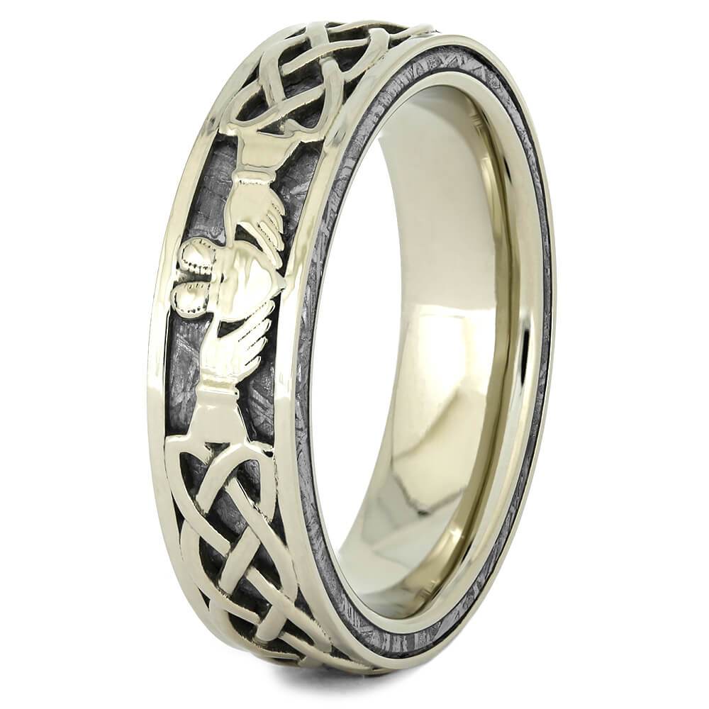 Men's Claddagh Ring in White Gold with Gibeon Meteorite-4372 - Jewelry by Johan