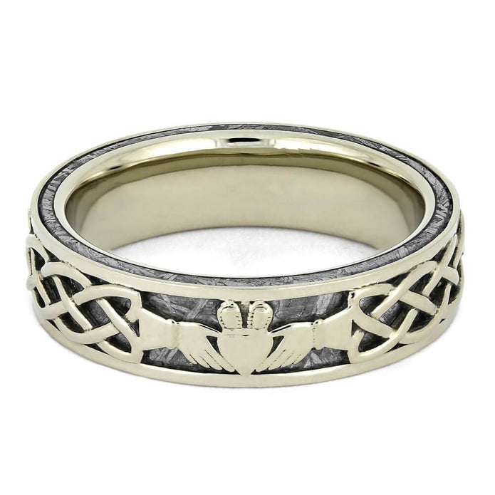 Men's Claddagh Ring in White Gold with Gibeon Meteorite-4372 - Jewelry by Johan