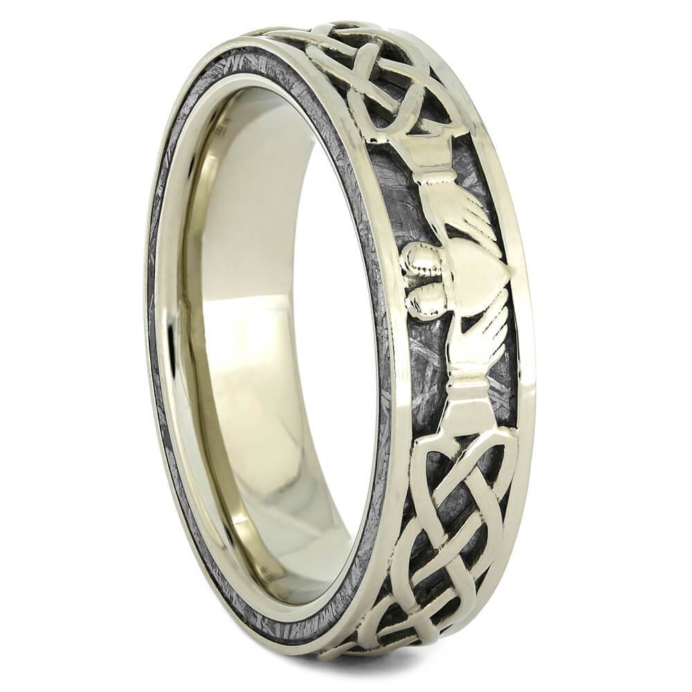 Men's Claddagh Ring in White Gold with Gibeon Meteorite-4372 - Jewelry by Johan