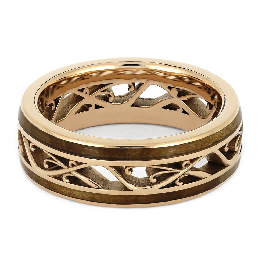 Rose Gold Filigree Wedding Band with Cherry Wood