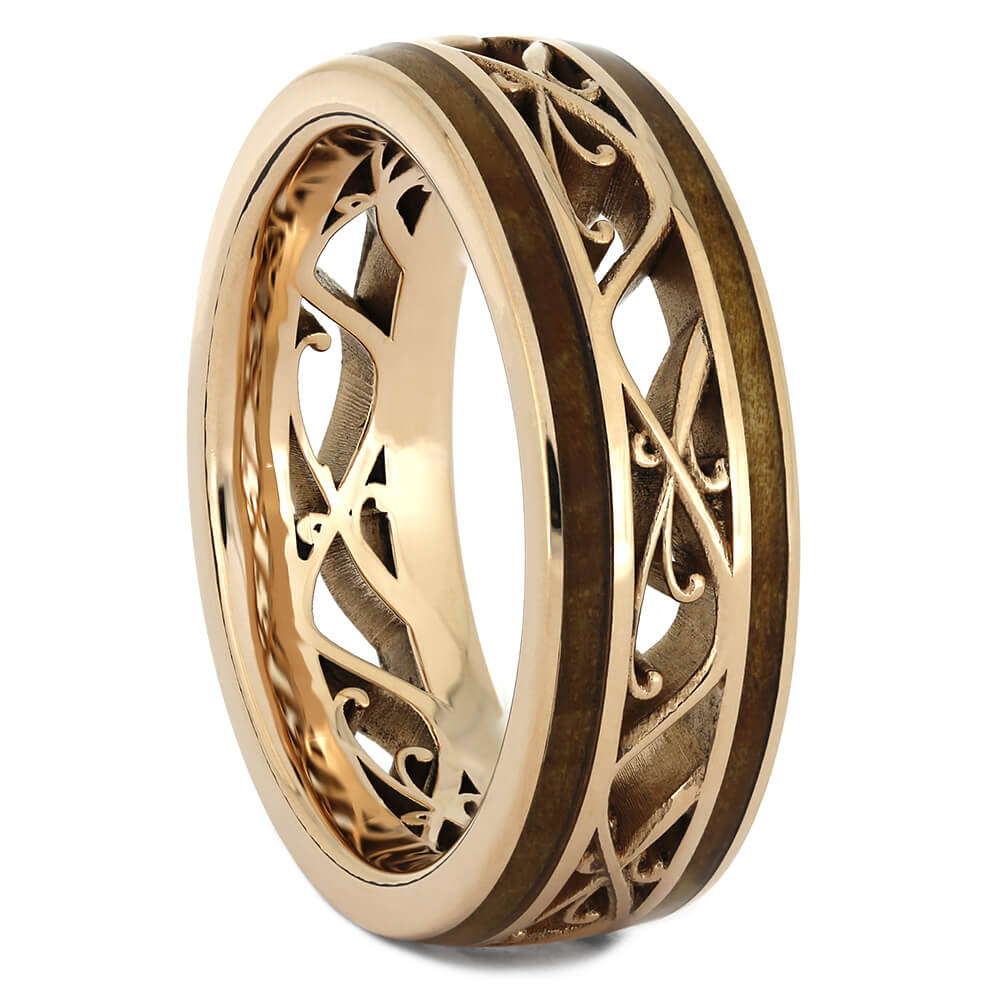 Rose Gold Filigree Wedding Band with Cherry Wood