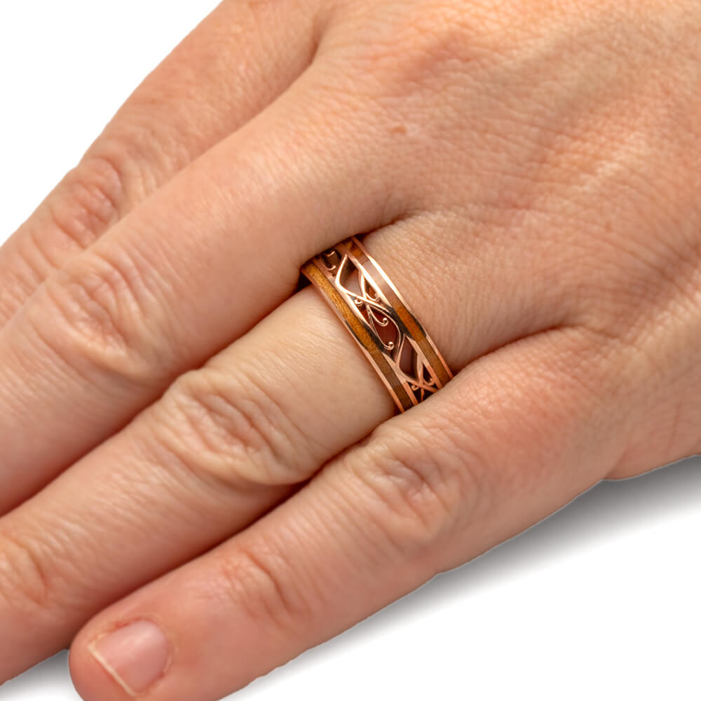 Rose Gold Filigree Wedding Band with Cherry Wood
