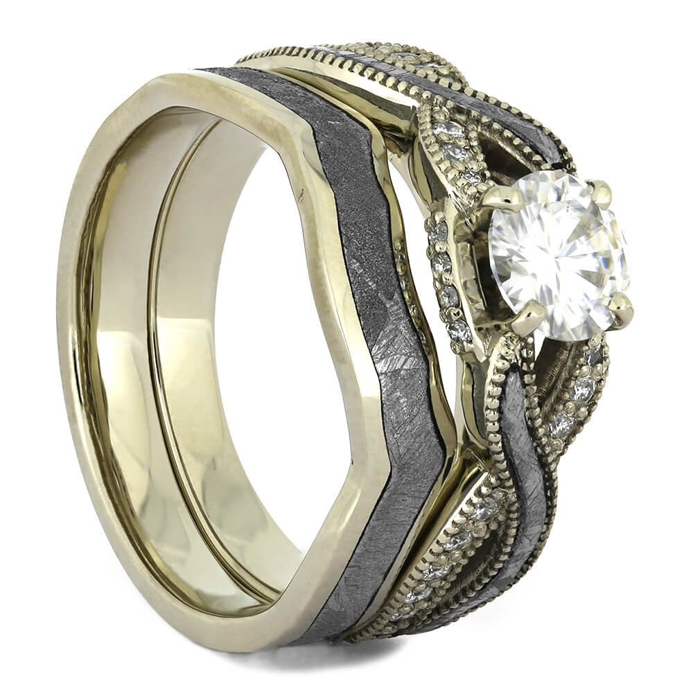 Meteorite Diamond Bridal Set with White Gold and Moissanite