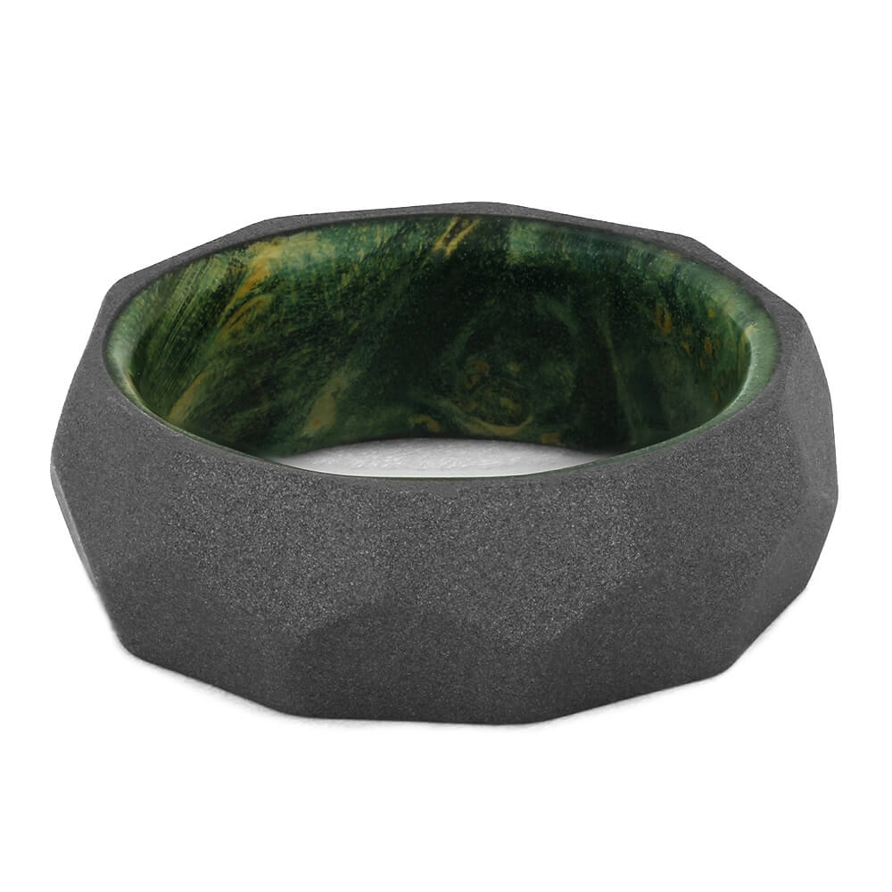Faceted Men's Wedding Band with Green Box Elder Wood Sleeve-4410 - Jewelry by Johan