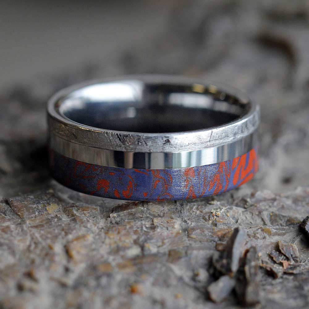 Tungsten Mokume Wedding Band with Meteorite-3407 - Jewelry by Johan