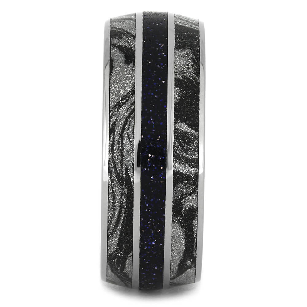 Blue Goldstone Men's Wedding Band with Black and White Mokume-4421 - Jewelry by Johan