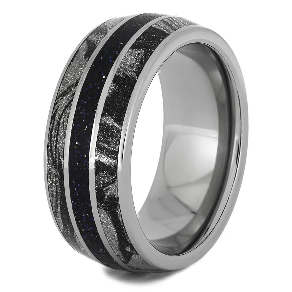 Blue Goldstone Men's Wedding Band with Black and White Mokume-4421 - Jewelry by Johan