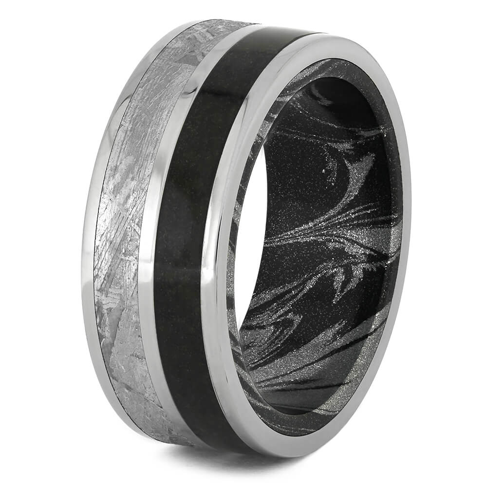Meteorite and Dinosaur Bone Wedding Band with Mokume Sleeve-4426 - Jewelry by Johan
