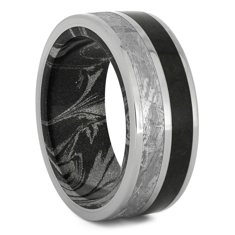 Meteorite and Dinosaur Bone Wedding Band with Mokume Sleeve-4426 - Jewelry by Johan