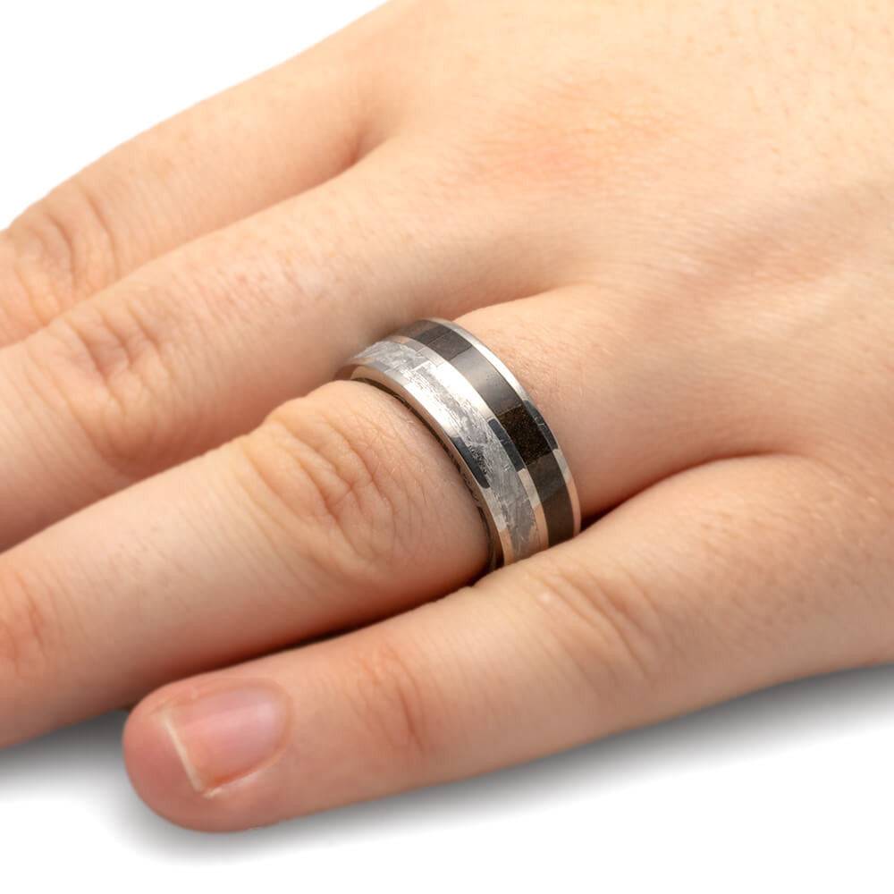 Meteorite and Dinosaur Bone Wedding Band with Mokume Sleeve-4426 - Jewelry by Johan