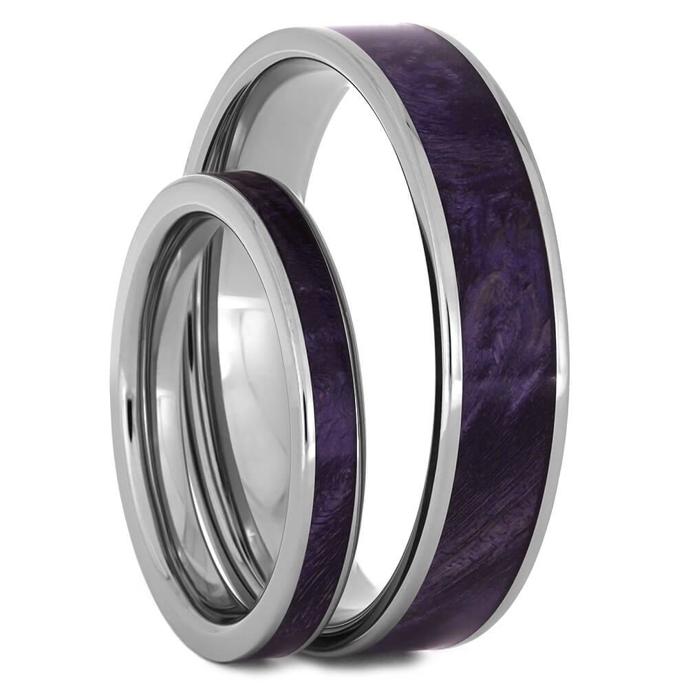 Matching Wedding Band Set with Purple Box Elder Burl Wood