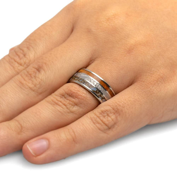 Meteorite, Dino Bone & Whiskey Oak Wedding Band-4437 - Jewelry by Johan