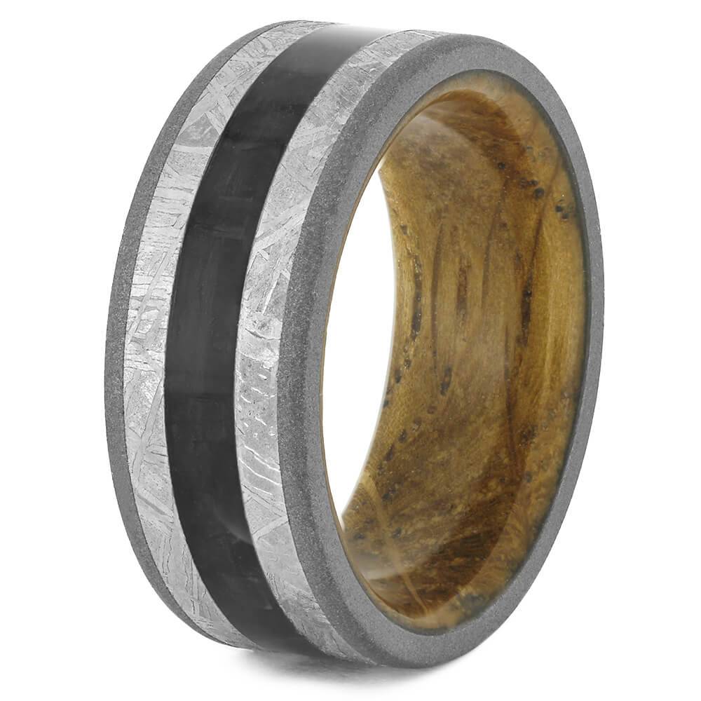 Meteorite Wedding Band with Carbon Fiber and Whiskey Oak-4445 - Jewelry by Johan