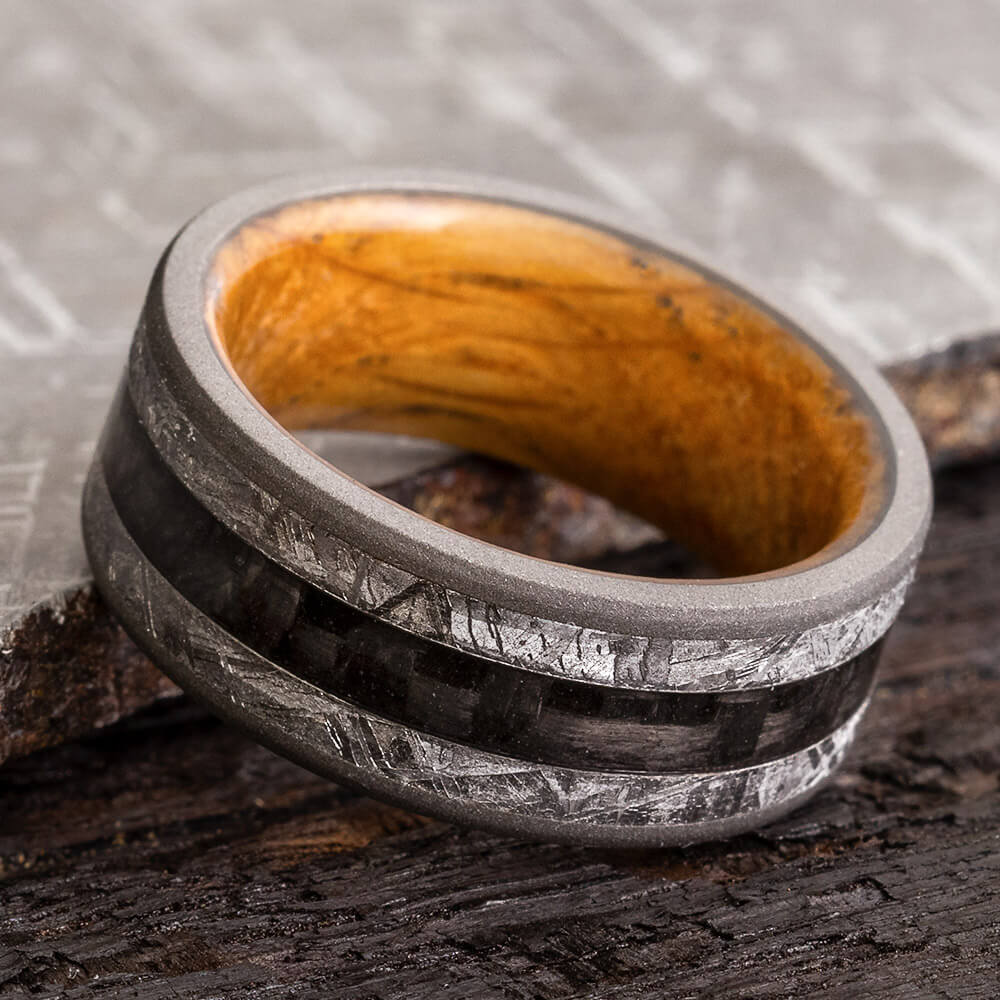 Meteorite Wedding Band with Carbon Fiber and Whiskey Oak-4445 - Jewelry by Johan