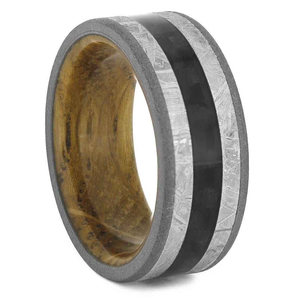 Meteorite Wedding Band with Carbon Fiber and Whiskey Oak-4445 - Jewelry by Johan
