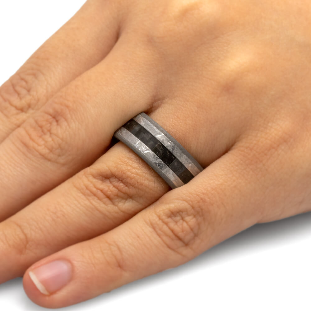 Meteorite Wedding Band with Carbon Fiber and Whiskey Oak-4445 - Jewelry by Johan