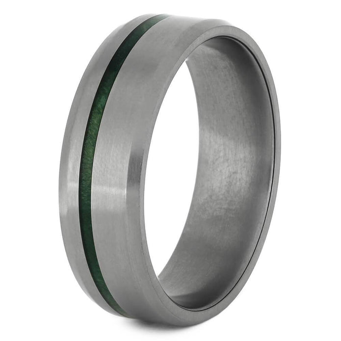 Men's Matte Titanium Wedding Band with Green Wood Pinstripe-4451 - Jewelry by Johan