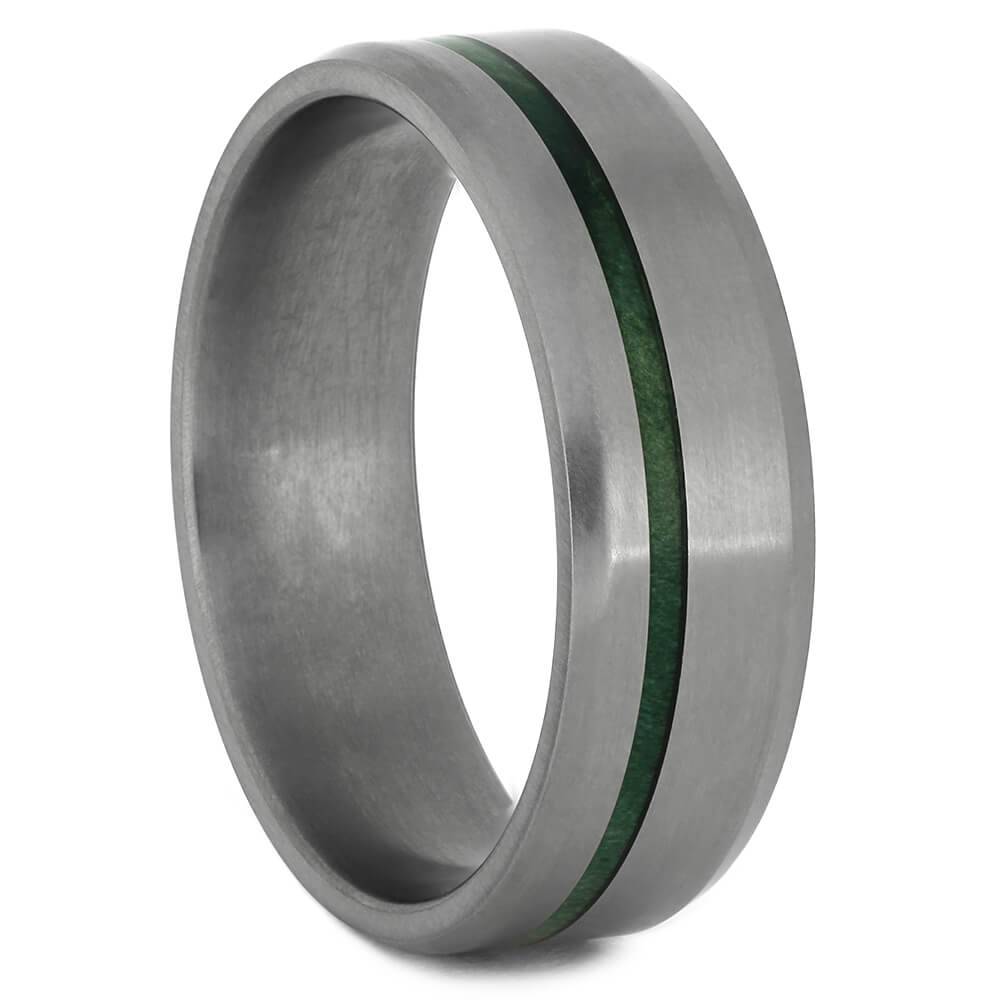 Men's Matte Titanium Wedding Band with Green Wood Pinstripe-4451 - Jewelry by Johan